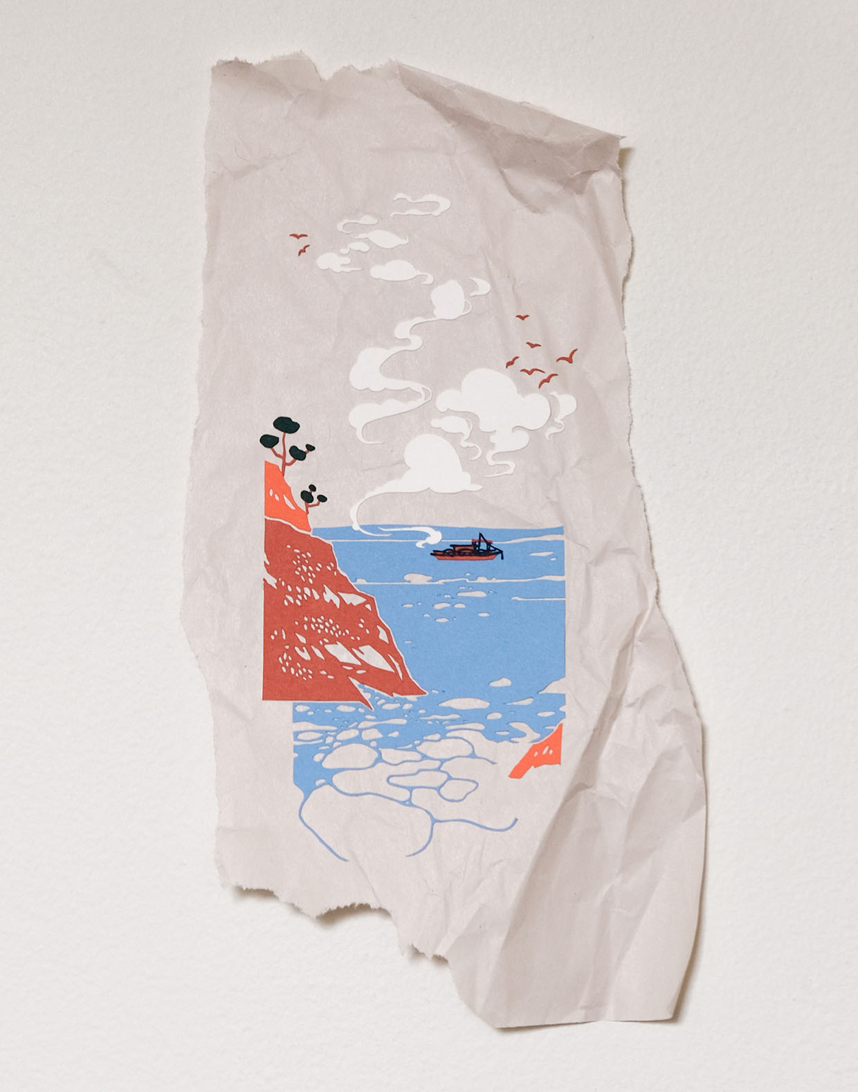 Weaving blue waveforms are echoed by sinuous clouds that draw the eye past brown cliffs, small trees, a tiny fishing boat, and the silhouettes of birds. The elements float on a tall piece of newsprint with torn edges.