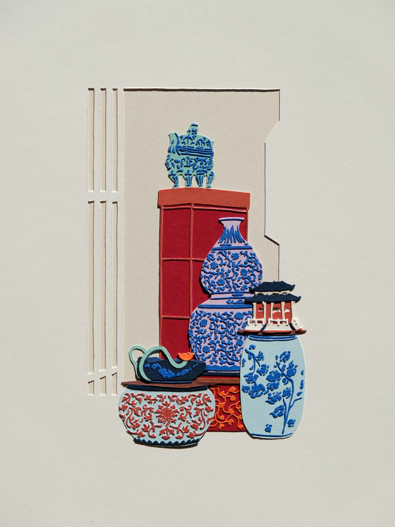 Several stacks of oriental-style pottery and vases are recreated with red, blue, and orange paper. An abstracted background of rectangles is reminiscent of a opened metal gate.